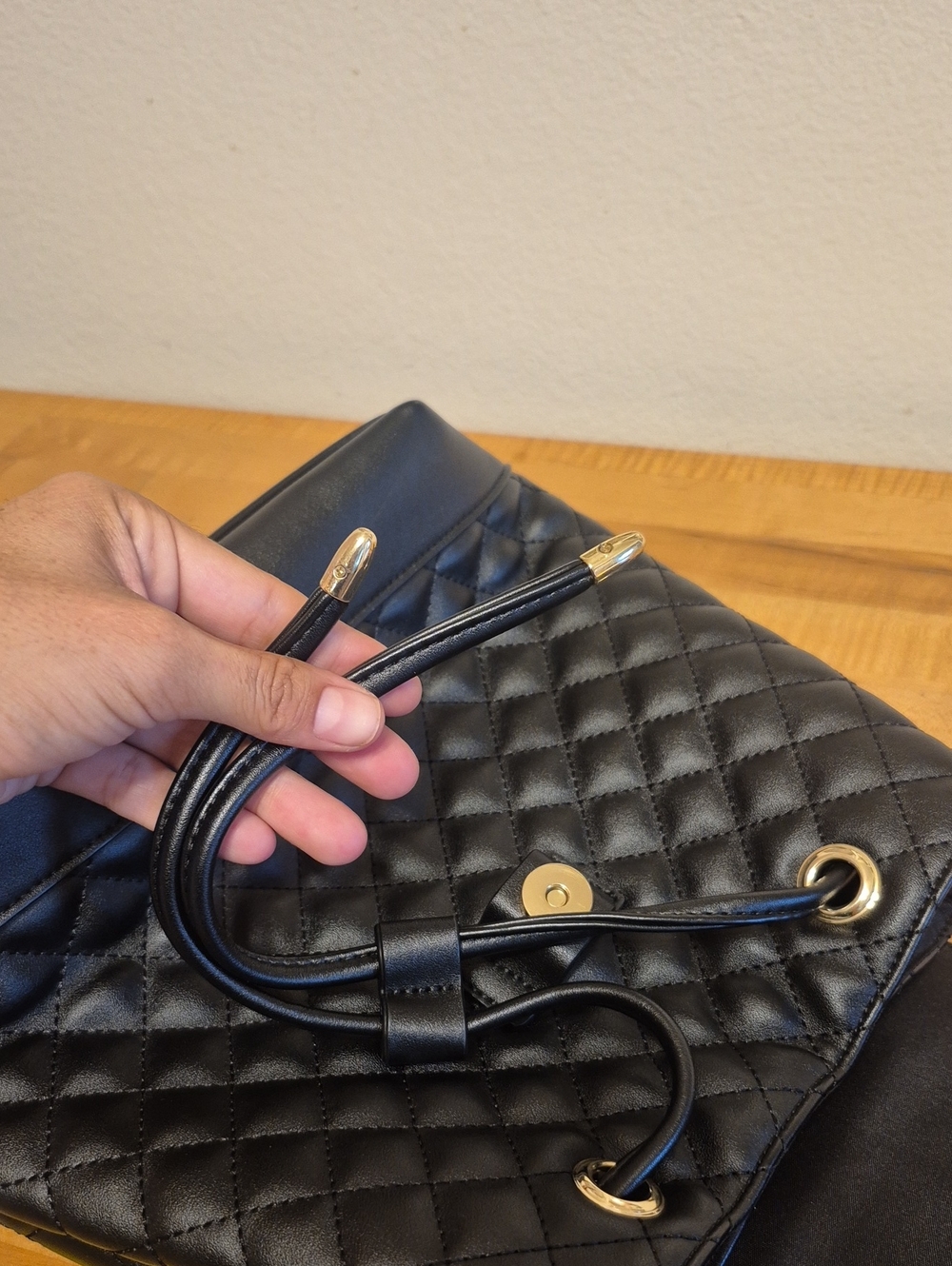 Harrods Quilted Black Backpack Textured Diamond Pattern Gold Tones - Picture 10 of 11